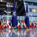 A photograph taken on February 16, 2022 shows the flags of the North Atlantic Treaty Organization (NATO) prior to the Meeting of NATO Ministers of Defence at the NATO Headquarter in Brussels. (Photo by Kenzo TRIBOUILLARD / AFP)